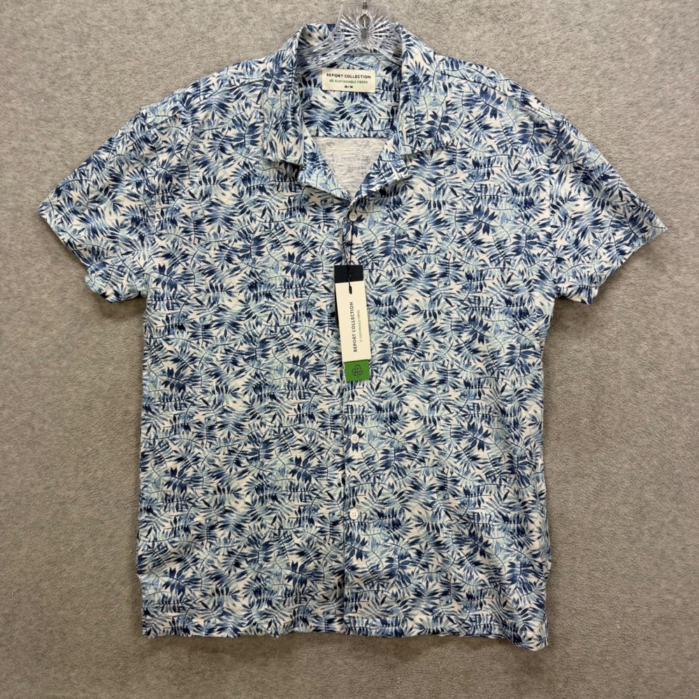 Report Collection Shirt Mens Medium Blue Tropical Hawaiian Aloha Sustainable NEW